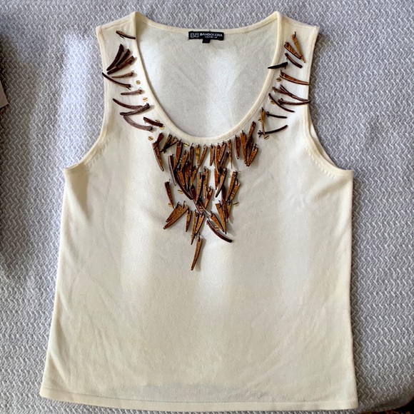 Bandolera cream fine knit tank top with wood and sequin beading. Lightly worn - Picture 4 of 6